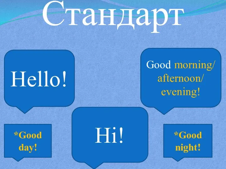 Стандарт Hello! Hi! Good morning/ afternoon/ evening! *Good night! *Good day!