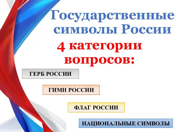 Государственные символы России 4 категории вопросов: ГЕРБ РОССИИ ГИМН РОССИИ ФЛАГ РОССИИ НАЦИОНАЛЬНЫЕ СИМВОЛЫ