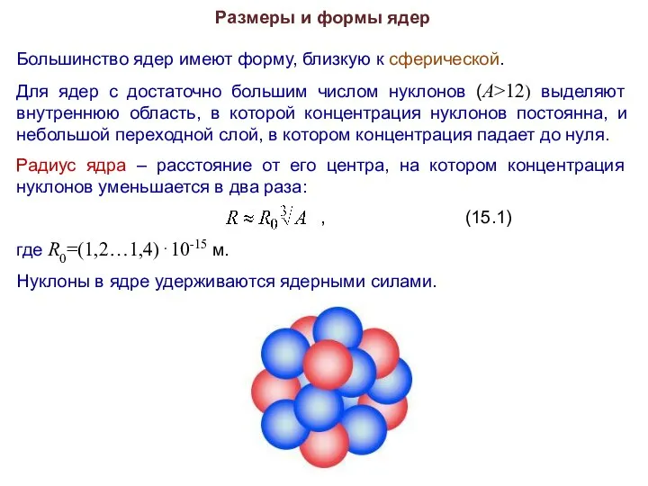 Размеры и формы ядер Большинство ядер имеют форму, близкую к сферической.