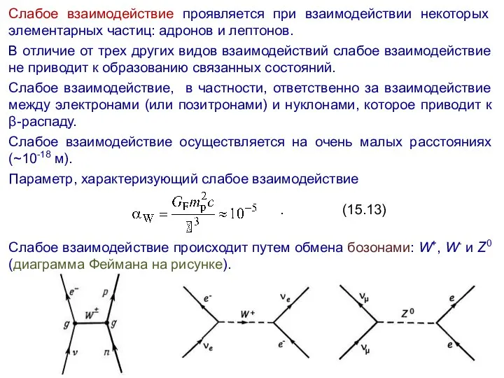 Слабое взаимодействие проявляется при взаимодействии некоторых элементарных частиц: адронов и лептонов.