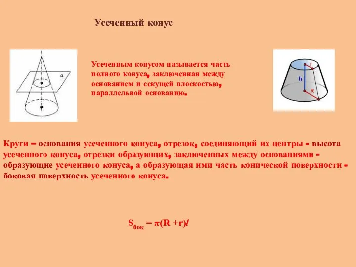 Усеченный конус Усеченным конусом называется часть полного конуса, заключенная между основанием