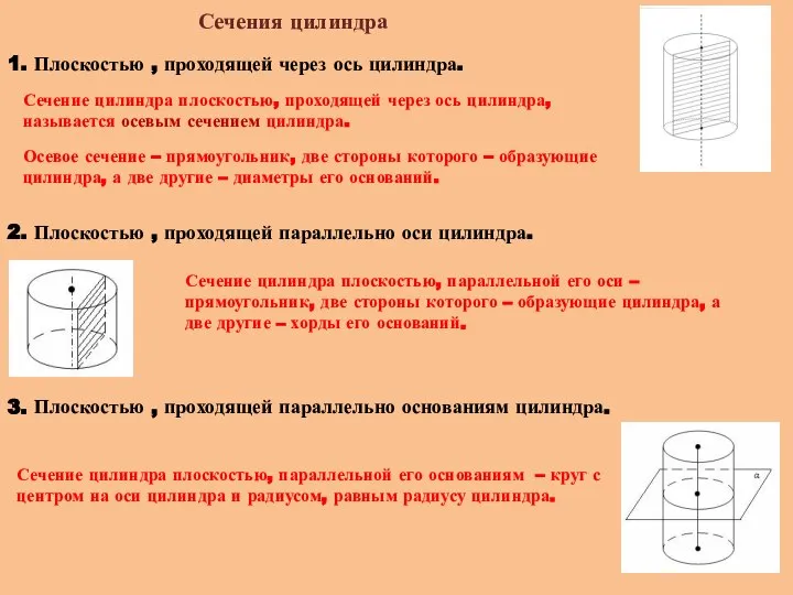 Сечения цилиндра 1. Плоскостью , проходящей через ось цилиндра. Сечение цилиндра