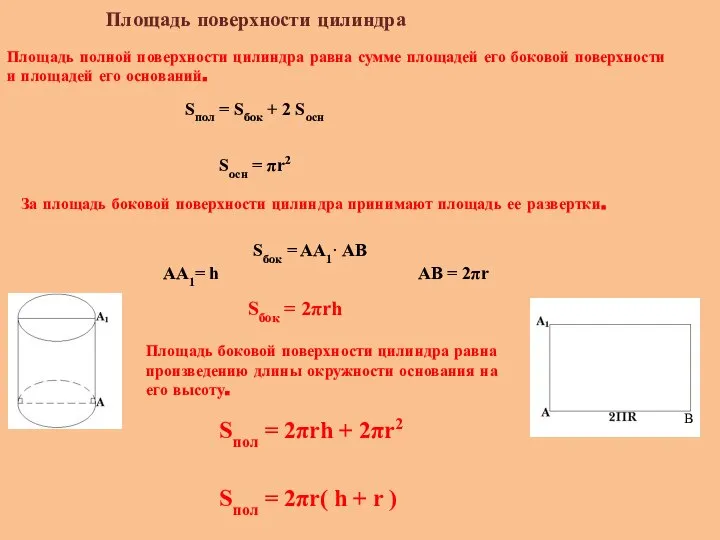 Площадь поверхности цилиндра В Sбок = AA1· AB За площадь боковой