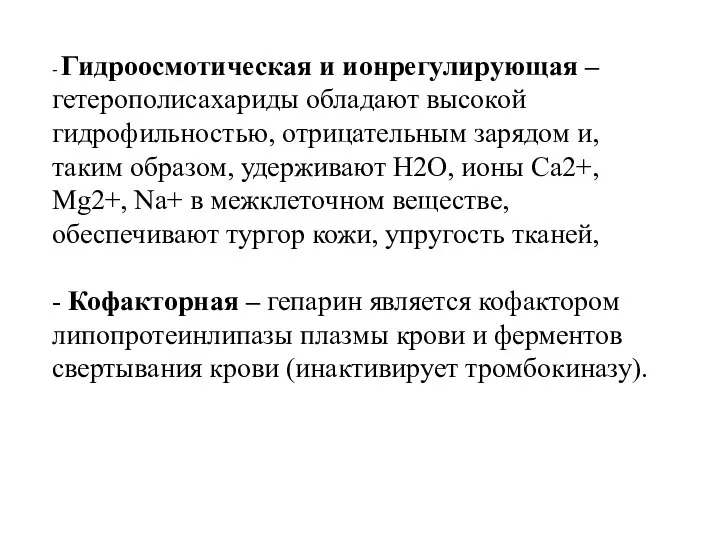 - Гидроосмотическая и ионрегулирующая – гетерополисахариды обладают высокой гидрофильностью, отрицательным зарядом