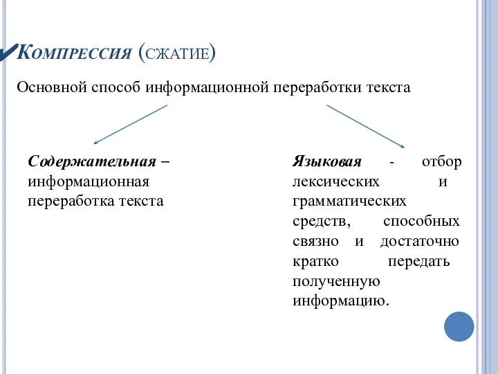 Компрессия (сжатие) Основной способ информационной переработки текста Содержательная – информационная переработка