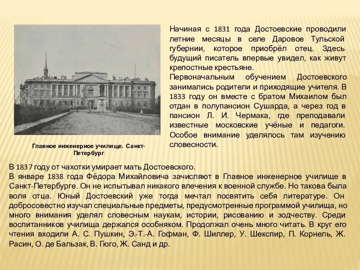 В 1837 году от чахотки умирает мать Достоевского. В январе 1838