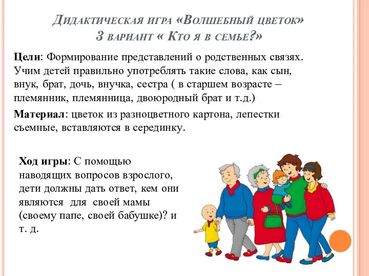 Дидактическая игра «Волшебный цветок» 3 вариант « Кто я в семье?»