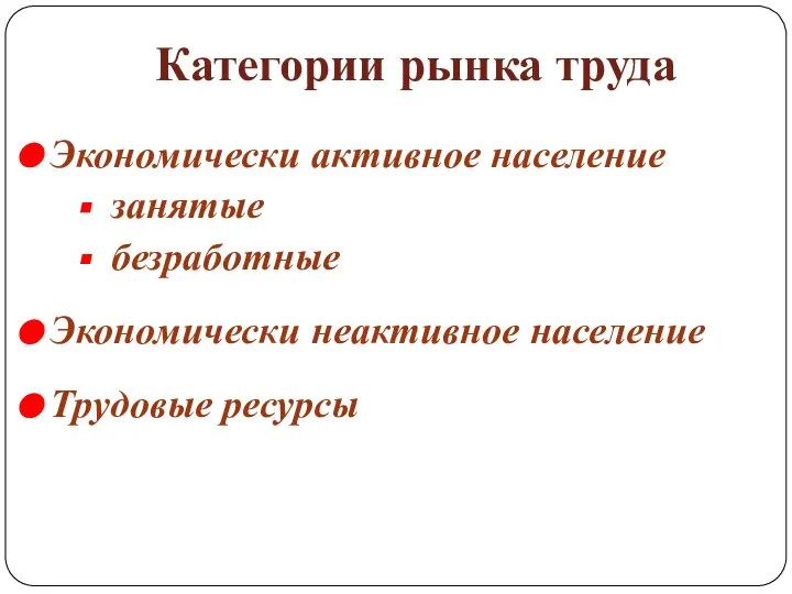 Категории рынка труда Экономически активное население занятые безработные Экономически неактивное население Трудовые ресурсы