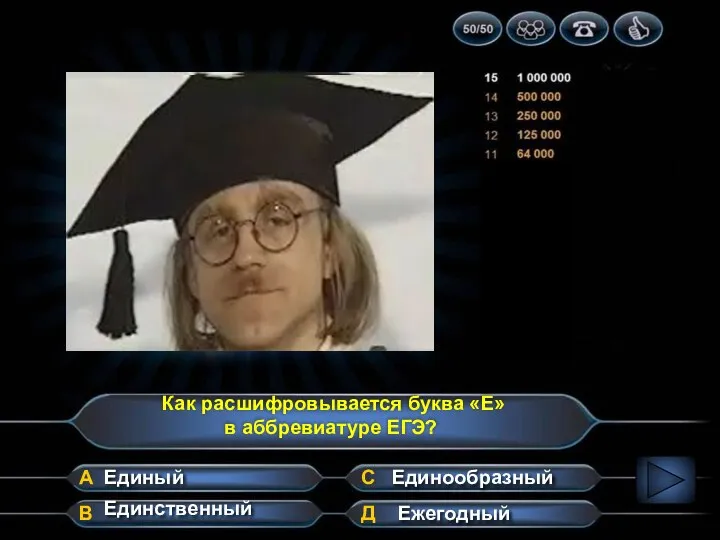 Как расшифровывается буква «Е» в аббревиатуре ЕГЭ? А В Д С Единственный Единый Единообразный Ежегодный