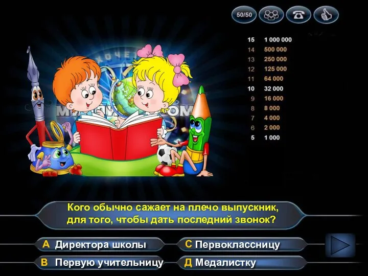 Кого обычно сажает на плечо выпускник, для того, чтобы дать последний