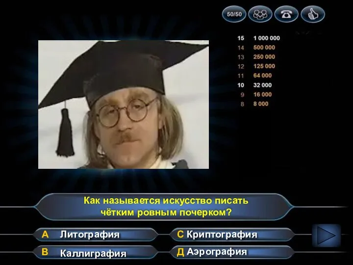 Как называется искусство писать чётким ровным почерком? А В Д С Аэрография Каллиграфия Криптография Литография