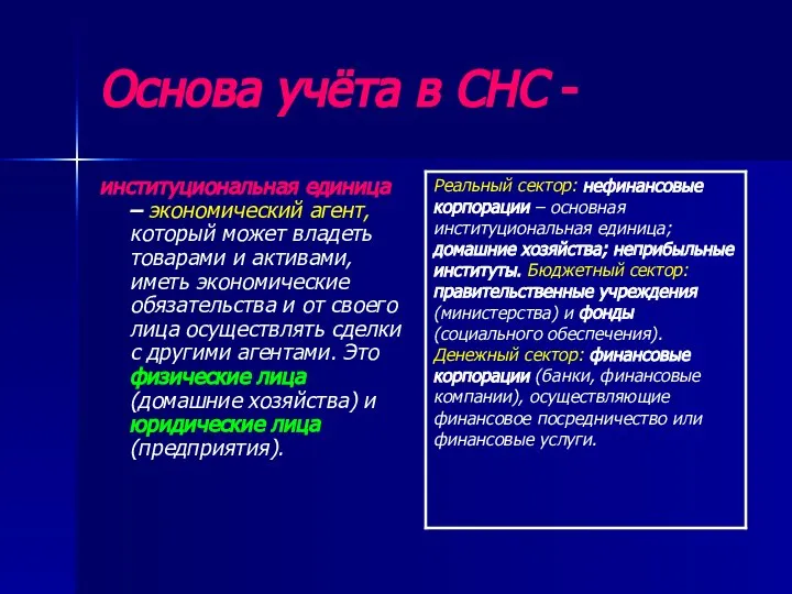 Основа учёта в СНС - институциональная единица – экономический агент, который