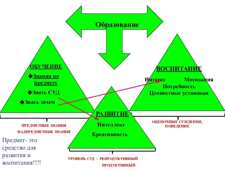 ОЦЕНОЧНЫЕ СУЖДЕНИЯ, ПОВЕДЕНИЕ ПРЕДМЕТНЫЕ ЗНАНИЯ НАДПРЕДМЕТНЫЕ ЗНАНИЯ Предмет- это средство для развития и воспитания!!!!