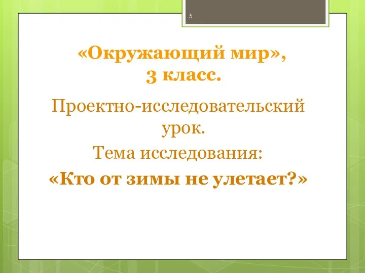 «Окружающий мир», 3 класс. Проектно-исследовательский урок. Тема исследования: «Кто от зимы не улетает?»