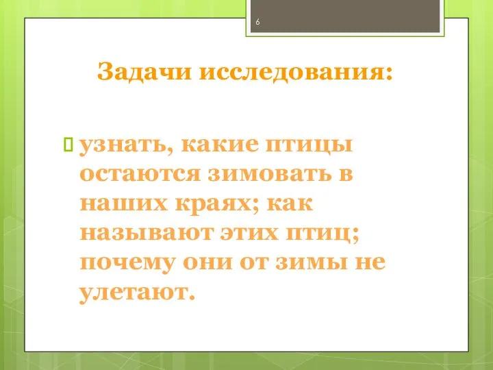 Задачи исследования: узнать, какие птицы остаются зимовать в наших краях; как