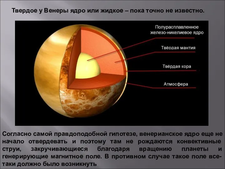 Согласно самой правдоподобной гипотезе, венерианское ядро еще не начало отвердевать и