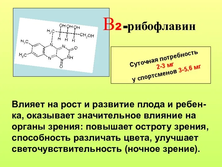 В2 -рибофлавин Суточная потребность 2-3 мг у спортсменов 3-5,6 мг Влияет