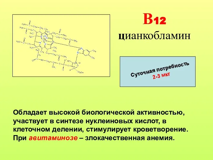 В12 цианкобламин Суточная потребность 2-3 мкг Обладает высокой биологической активностью, участвует