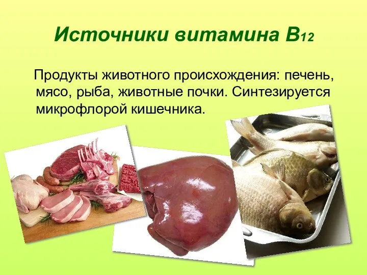 Источники витамина В12 Продукты животного происхождения: печень, мясо, рыба, животные почки. Синтезируется микрофлорой кишечника.