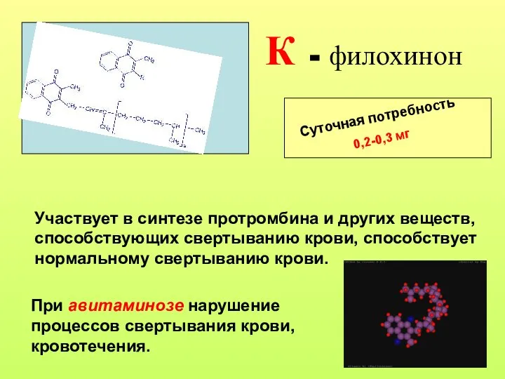 К - филохинон Суточная потребность 0,2-0,3 мг Участвует в синтезе протромбина