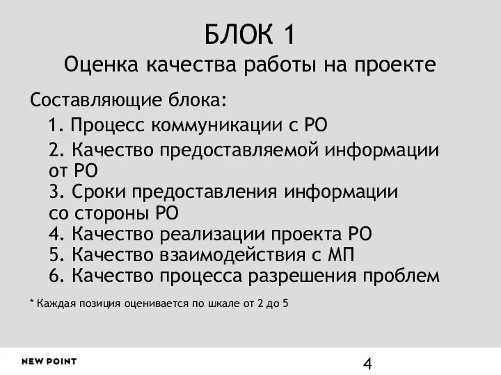 БЛОК 1 Оценка качества работы на проекте Составляющие блока: 1. Процесс