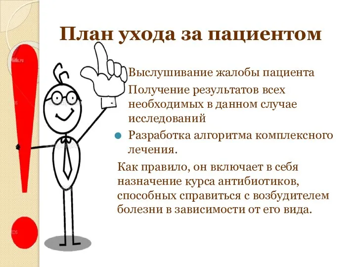 План ухода за пациентом Выслушивание жалобы пациента Получение результатов всех необходимых