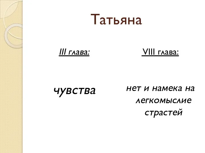 Татьяна III глава: чувства VIII глава: нет и намека на легкомыслие страстей