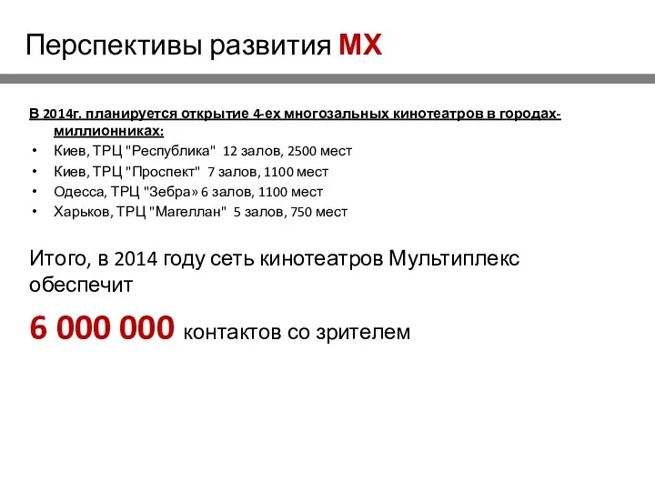 Перспективы развития МХ В 2014г. планируется открытие 4-ех многозальных кинотеатров в