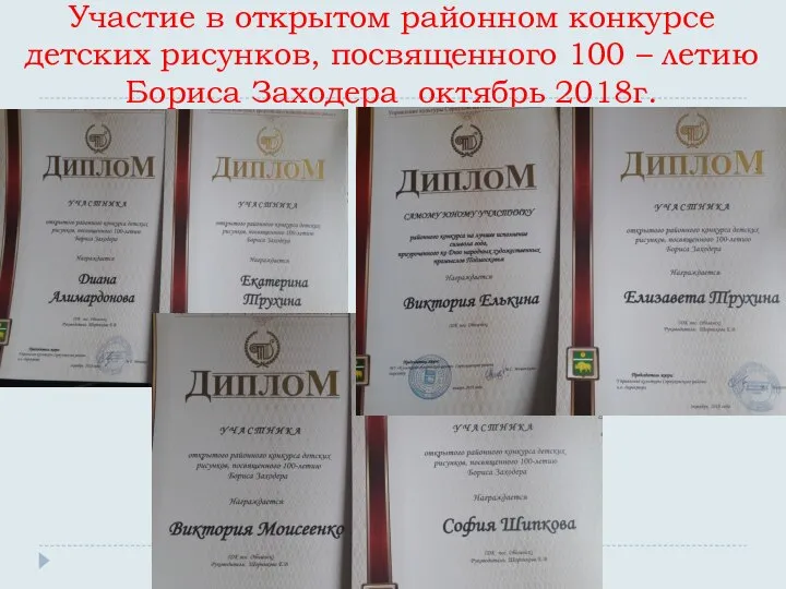 Участие в открытом районном конкурсе детских рисунков, посвященного 100 – летию Бориса Заходера октябрь 2018г.