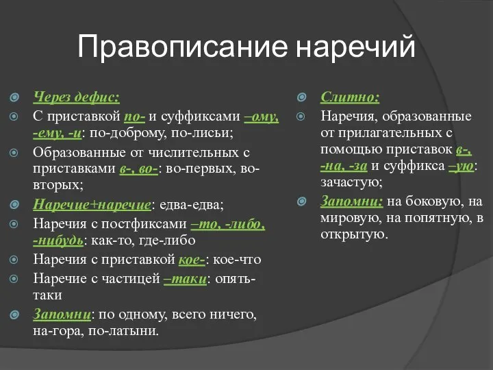 Правописание наречий Через дефис: С приставкой по- и суффиксами –ому, -ему,