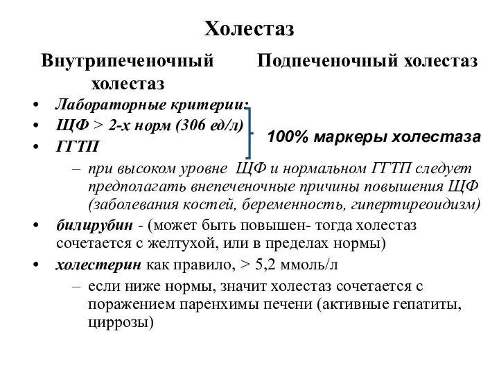 Холестаз Лабораторные критерии: ЩФ > 2-х норм (306 ед/л) ГГТП при