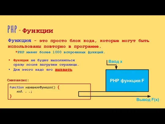 php - Функции Функция - это просто блок кода, которые могут