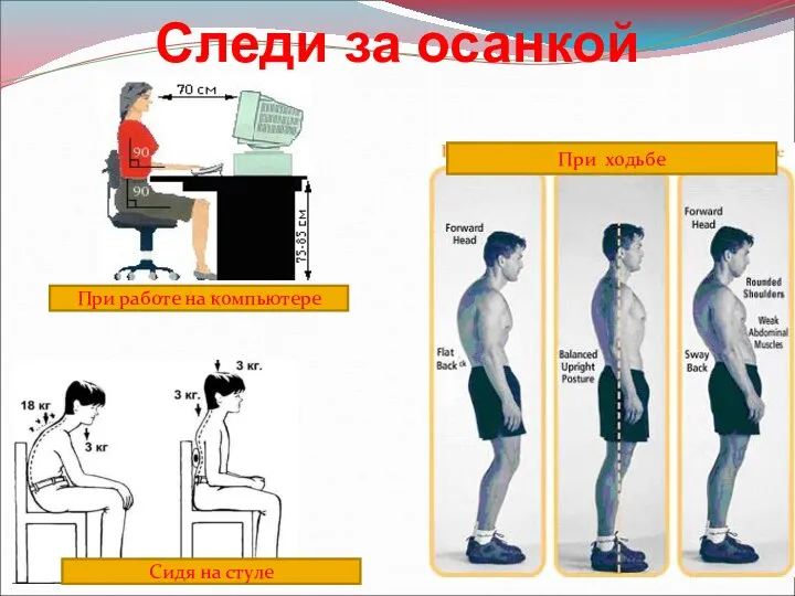 Следи за осанкой При ходьбе Сидя на стуле При работе на компьютере