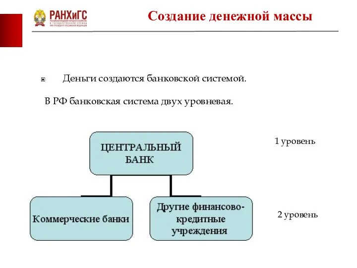 Деньги создаются банковской системой. В РФ банковская система двух уровневая. 1