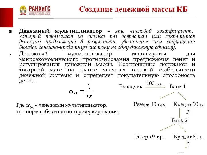 Денежный мультипликатор – это числовой коэффициент, который показывает во сколько раз