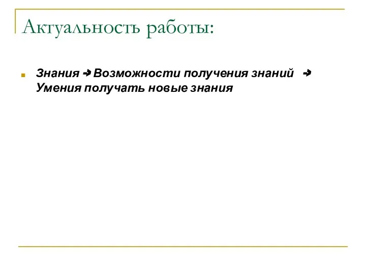 Актуальность работы: Знания -> Возможности получения знаний -> Умения получать новые знания