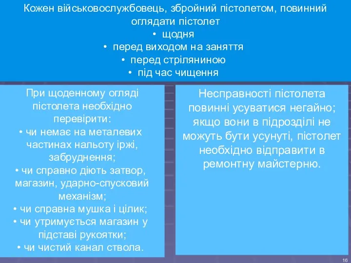 Кожен військовослужбовець, збройний пістолетом, повинний оглядати пістолет щодня перед виходом на