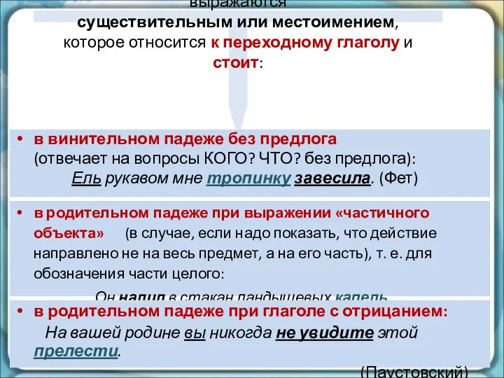 Прямые дополнения выражаются существительным или местоимением, которое относится к переходному глаголу