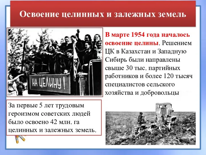 Освоение целинных и залежных земель В марте 1954 года началось освоение