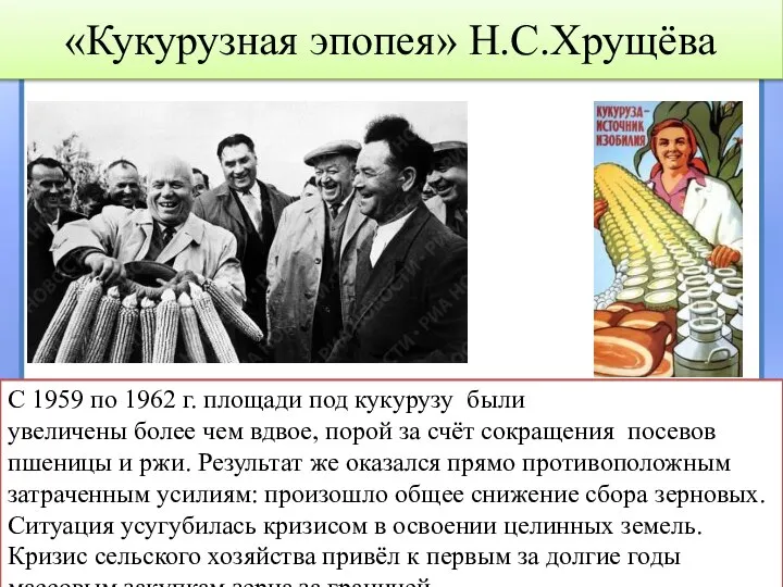 «Кукурузная эпопея» Н.С.Хрущёва С 1959 по 1962 г. площади под кукурузу