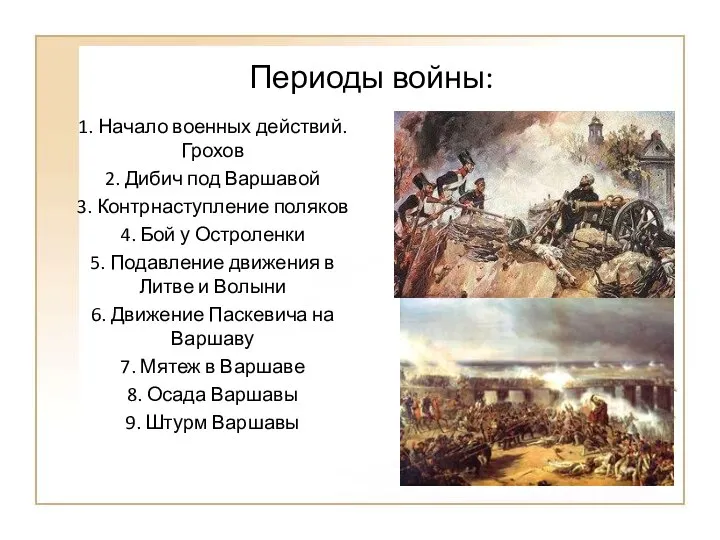 Периоды войны: 1. Начало военных действий. Грохов 2. Дибич под Варшавой