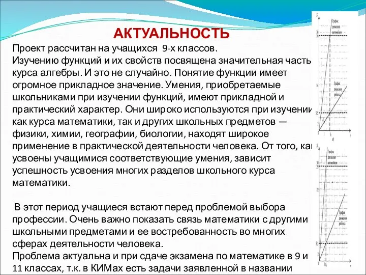 АКТУАЛЬНОСТЬ Проект рассчитан на учащихся 9-х классов. Изучению функций и их