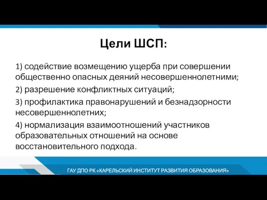 Цели ШСП: 1) содействие возмещению ущерба при совершении общественно опасных деяний