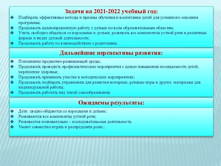 Задачи на 2021-2022 учебный год: Подбирать эффективные методы и приемы обучения