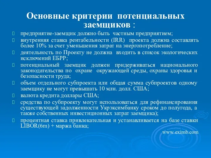 Основные критерии потенциальных заемщиков : предприятие-заемщик должно быть частным предприятием; внутренняя