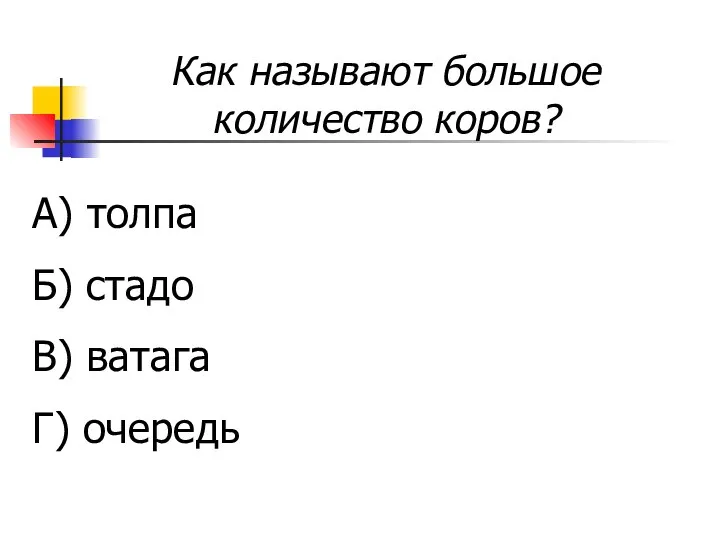 Как называют большое количество коров? А) толпа Б) стадо В) ватага Г) очередь