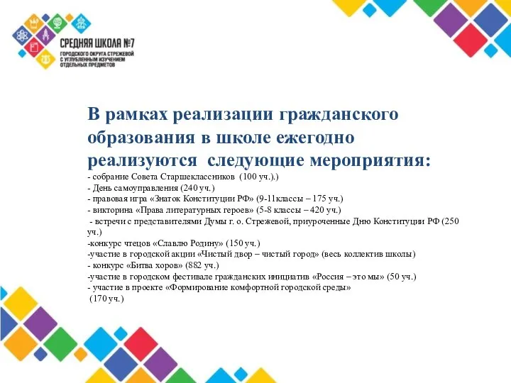 В рамках реализации гражданского образования в школе ежегодно реализуются следующие мероприятия: