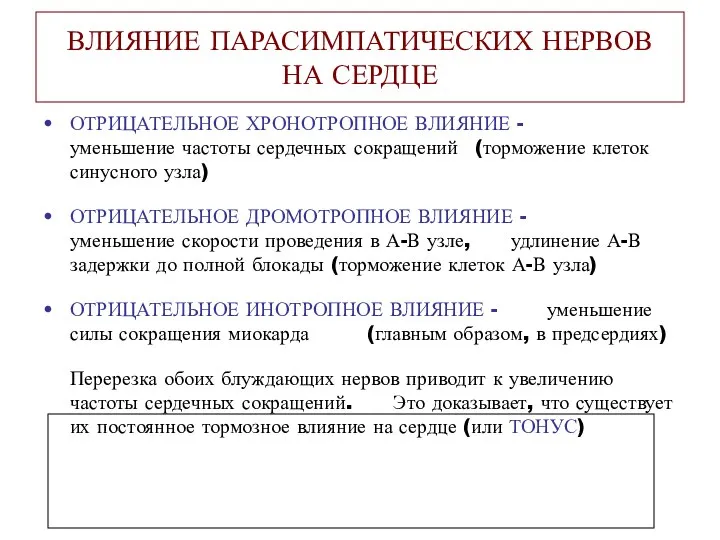 ВЛИЯНИЕ ПАРАСИМПАТИЧЕСКИХ НЕРВОВ НА СЕРДЦЕ ОТРИЦАТЕЛЬНОЕ ХРОНОТРОПНОЕ ВЛИЯНИЕ - уменьшение частоты