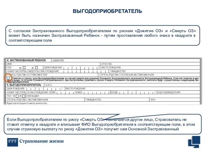 Если Выгодоприобретателем по риску «Смерть ОЗ» назначается другое лицо, Страхователь не