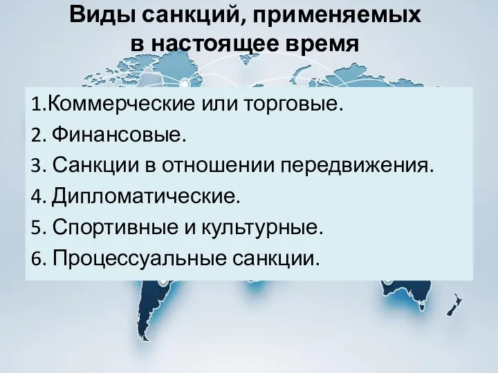 Виды санкций, применяемых в настоящее время 1.Коммерческие или торговые. 2. Финансовые.